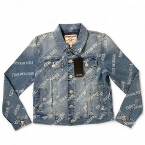 TRUE RELIGION All Over Print Logo Denim Jacket Womens Size Small NWT